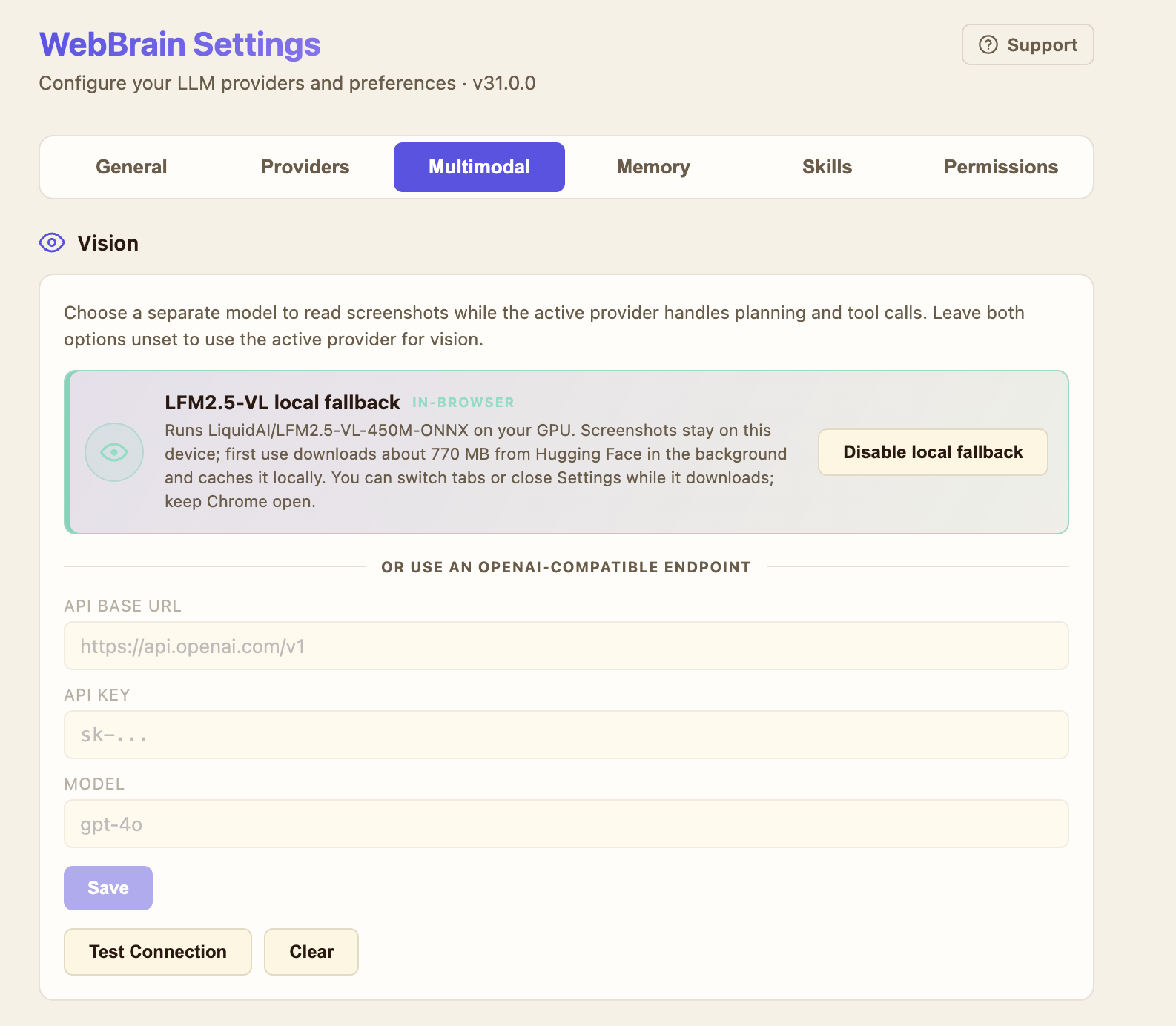 WebBrain 31.0.0 Multimodal Vision settings with the LFM2.5-VL local fallback enabled