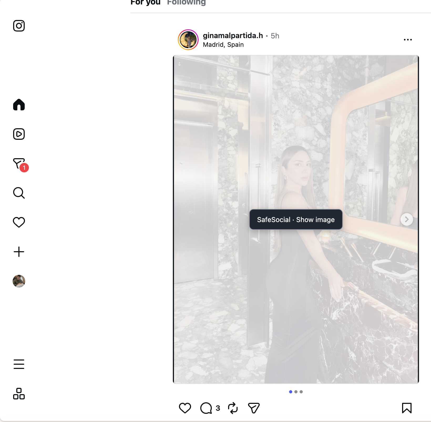 Instagram feed with an image softened by SafeSocial and a Show image button