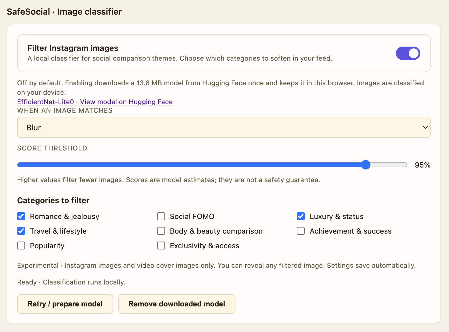 WebBrain SafeSocial settings showing the optional local Instagram image classifier, categories, and score threshold