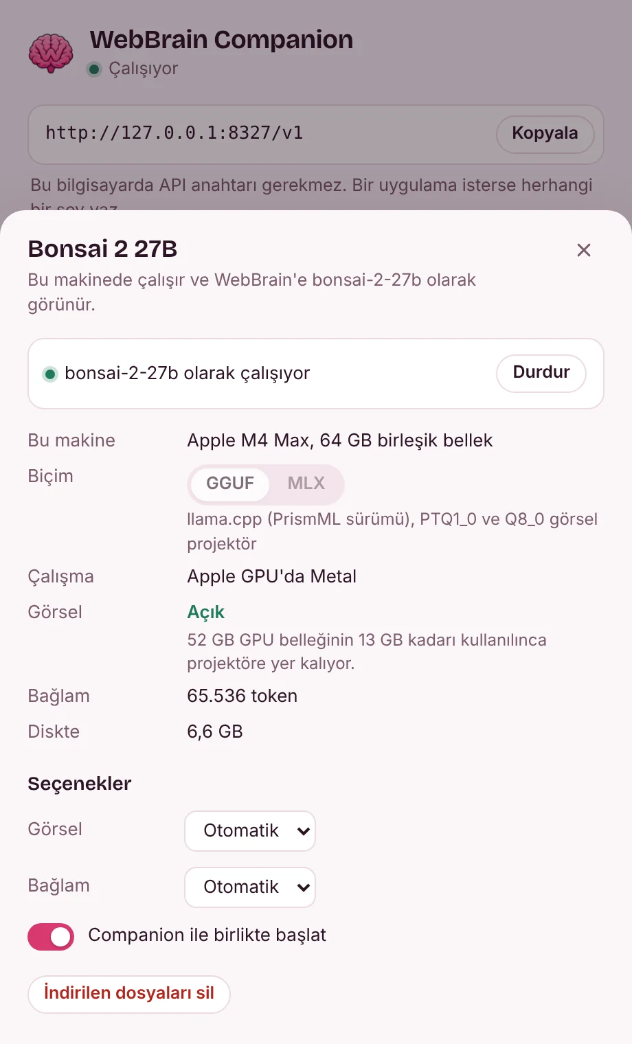 Panelin üzerinde Bonsai 2 27B ayrıntıları: Apple GPU'da görsel girdi açık çalışıyor, 65.536 token bağlam ve seçenekleri.